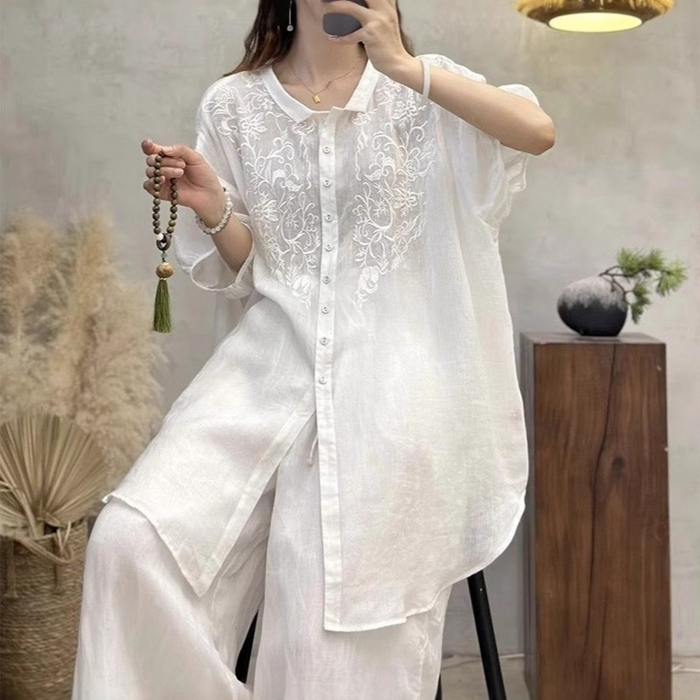 91家纺网 家纺一手货源 找家纺 （总）洛兰沙家居馆【只代发】【只代发】 2025新款刺绣棉麻短袖衬衫女2025夏季中长款宽松显瘦休闲薄款上衣女