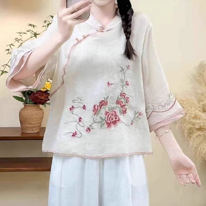 91家纺网 家纺一手货源 找家纺 （总）洛兰沙家居馆【只代发】【只代发】 2025新款国风夏季棉麻斜襟绣花上衣盘扣文艺中国民族刺绣复古茶服衬衫