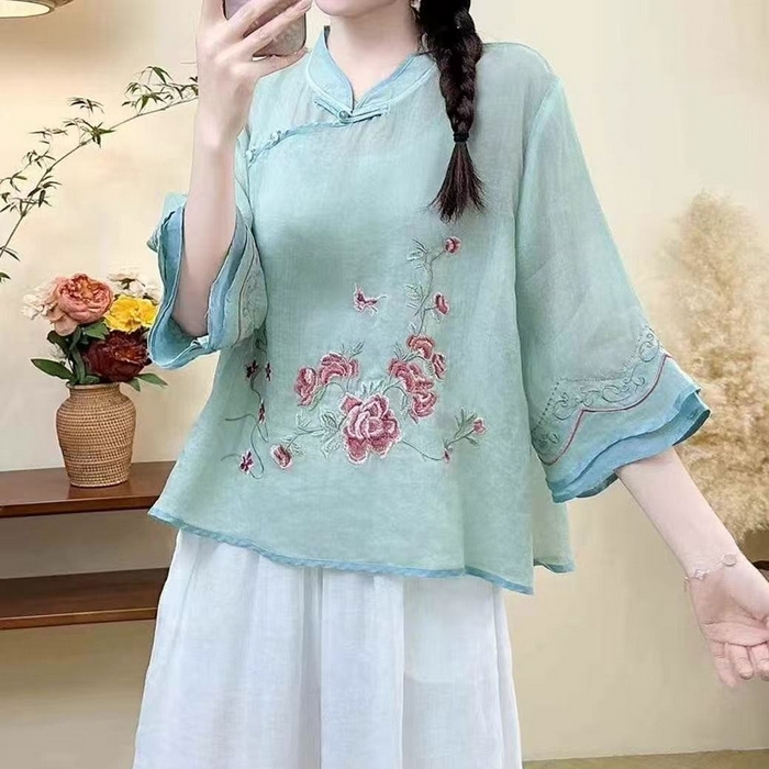 91家纺网 家纺一手货源 找家纺 （总）洛兰沙家居馆【只代发】【只代发】 2025新款国风夏季棉麻斜襟绣花上衣盘扣文艺中国民族刺绣复古茶服衬衫