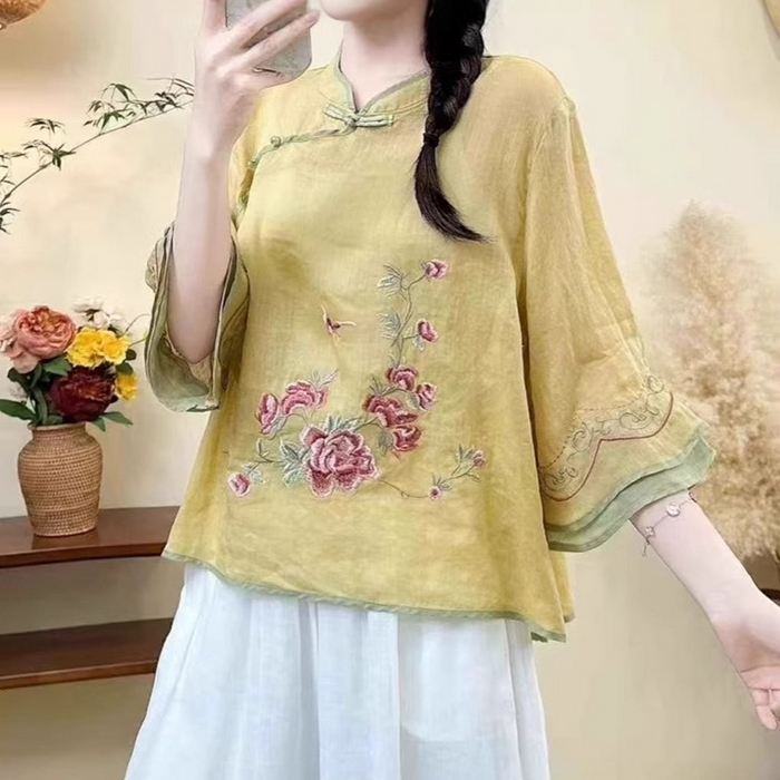 91家纺网 家纺一手货源 找家纺 （总）洛兰沙家居馆【只代发】【只代发】 2025新款国风夏季棉麻斜襟绣花上衣盘扣文艺中国民族刺绣复古茶服衬衫