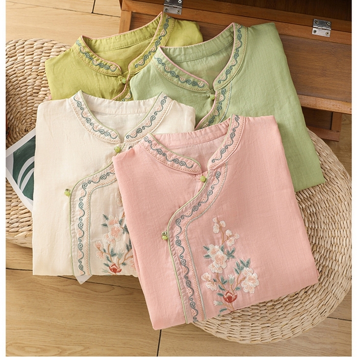 （总）洛兰沙家居馆【只代发】【只代发】 2025夏季新款棉麻文艺复古衬衫新中式牡丹花刺绣国风茶服立领上衣