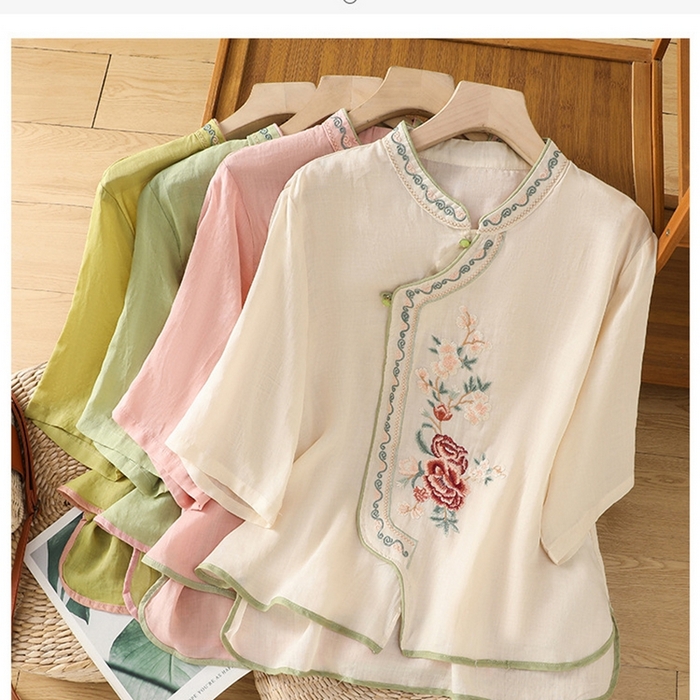 91家纺网 家纺一手货源 找家纺 （总）洛兰沙家居馆【只代发】【只代发】 2025夏季新款棉麻文艺复古衬衫新中式牡丹花刺绣国风茶服立领上衣