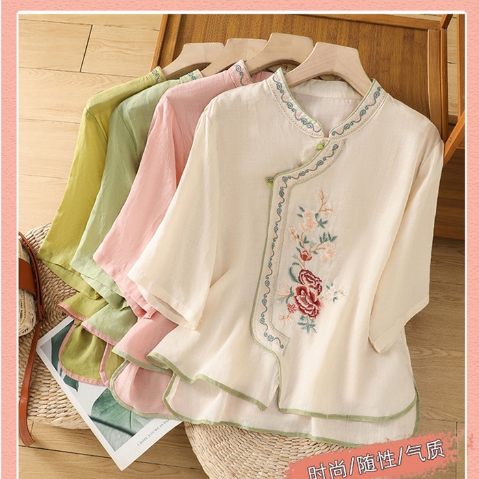 91家纺网 家纺一手货源 找家纺 洛兰沙家居馆【只代发】【只代发】 2025夏季新款棉麻文艺复古衬衫新中式牡丹花刺绣国风茶服立领上衣 组合图仅供参考