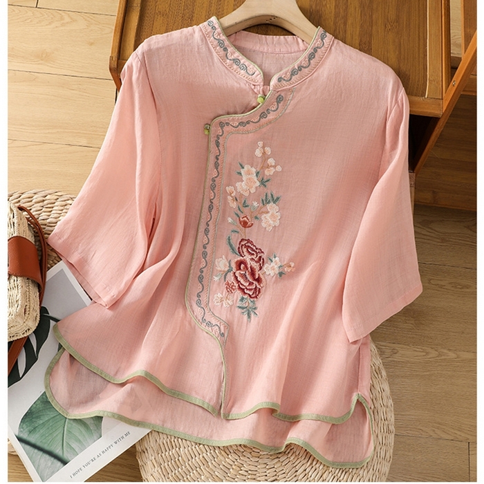 洛兰沙家居馆【只代发】【只代发】 2025夏季新款棉麻文艺复古衬衫新中式牡丹花刺绣国风茶服立领上衣 粉色