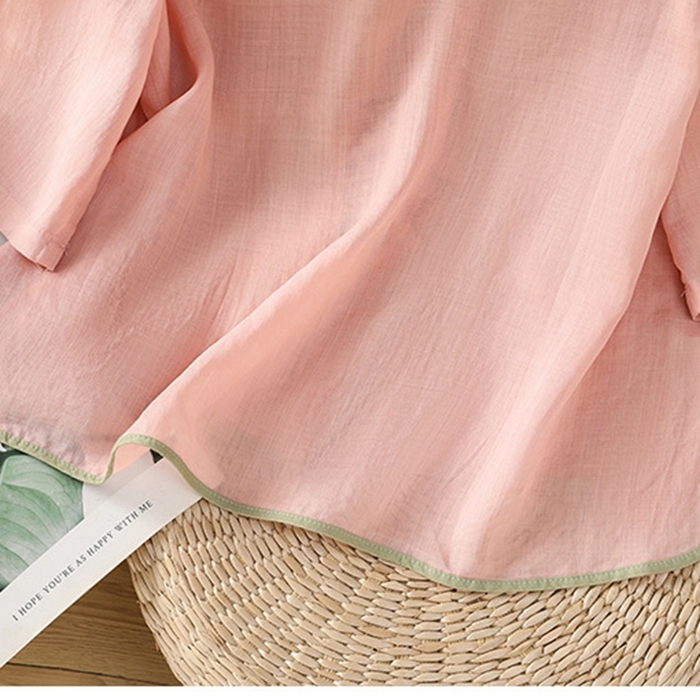 91家纺网 家纺一手货源 找家纺 洛兰沙家居馆【只代发】【只代发】 2025夏季新款棉麻文艺复古衬衫新中式牡丹花刺绣国风茶服立领上衣 粉色