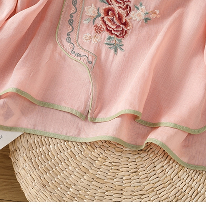 91家纺网 家纺一手货源 找家纺 洛兰沙家居馆【只代发】【只代发】 2025夏季新款棉麻文艺复古衬衫新中式牡丹花刺绣国风茶服立领上衣 粉色