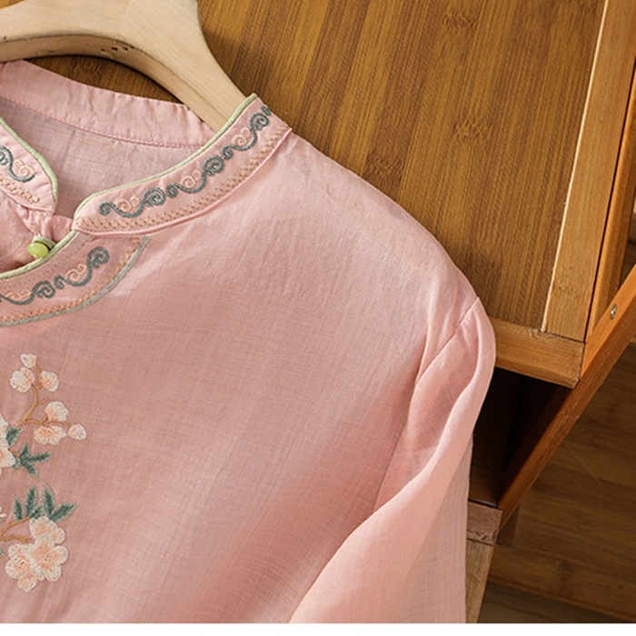 91家纺网 家纺一手货源 找家纺 洛兰沙家居馆【只代发】【只代发】 2025夏季新款棉麻文艺复古衬衫新中式牡丹花刺绣国风茶服立领上衣 粉色