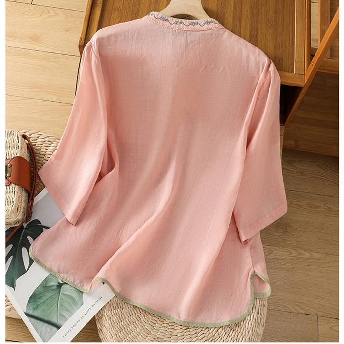 91家纺网 家纺一手货源 找家纺 洛兰沙家居馆【只代发】【只代发】 2025夏季新款棉麻文艺复古衬衫新中式牡丹花刺绣国风茶服立领上衣 粉色