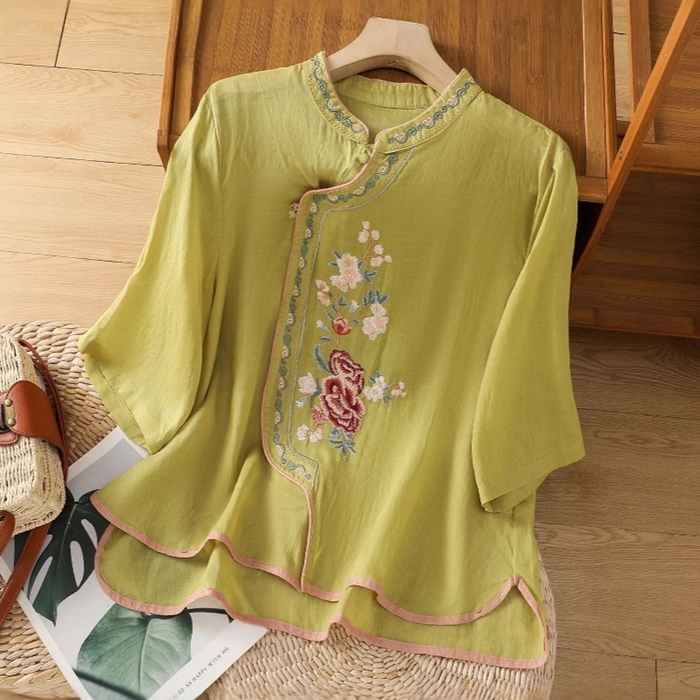 洛兰沙家居馆【只代发】【只代发】 2025夏季新款棉麻文艺复古衬衫新中式牡丹花刺绣国风茶服立领上衣 淡绿