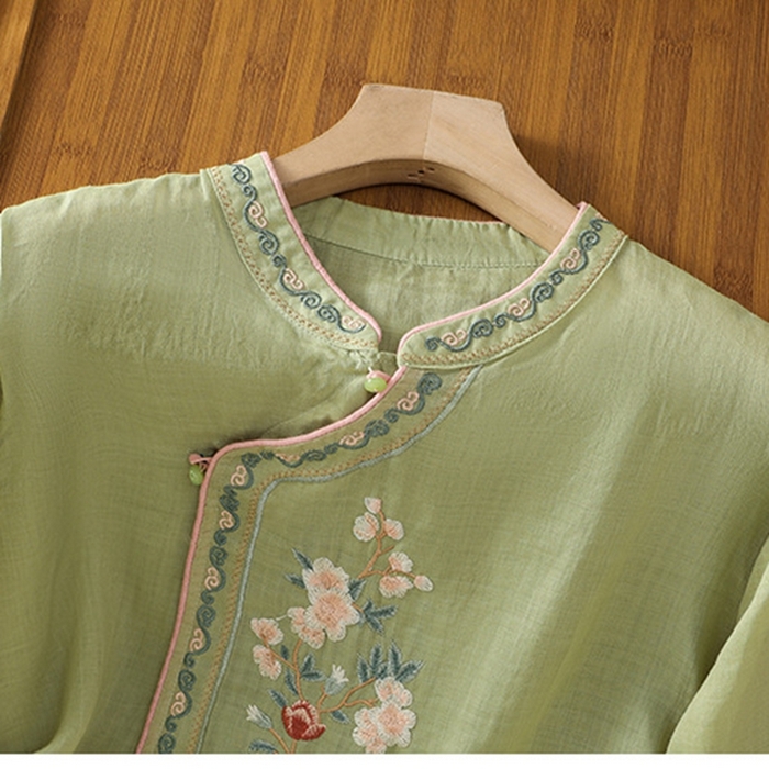91家纺网 家纺一手货源 找家纺 洛兰沙家居馆【只代发】【只代发】 2025夏季新款棉麻文艺复古衬衫新中式牡丹花刺绣国风茶服立领上衣 绿色