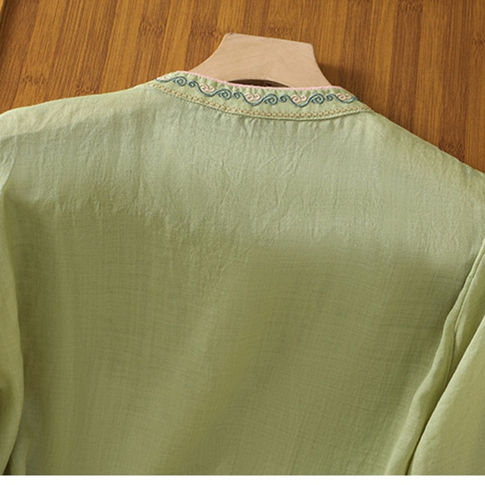 91家纺网 家纺一手货源 找家纺 洛兰沙家居馆【只代发】【只代发】 2025夏季新款棉麻文艺复古衬衫新中式牡丹花刺绣国风茶服立领上衣 绿色