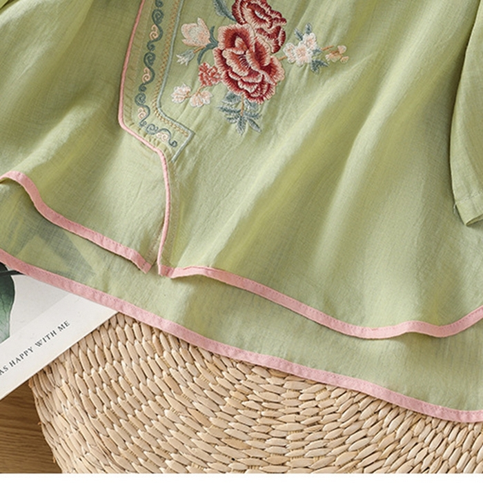 91家纺网 家纺一手货源 找家纺 洛兰沙家居馆【只代发】【只代发】 2025夏季新款棉麻文艺复古衬衫新中式牡丹花刺绣国风茶服立领上衣 绿色