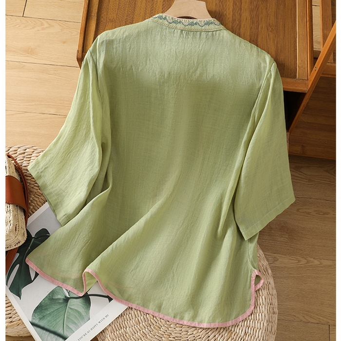 91家纺网 家纺一手货源 找家纺 洛兰沙家居馆【只代发】【只代发】 2025夏季新款棉麻文艺复古衬衫新中式牡丹花刺绣国风茶服立领上衣 绿色