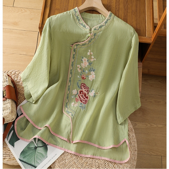 91家纺网 家纺一手货源 找家纺 洛兰沙家居馆【只代发】【只代发】 2025夏季新款棉麻文艺复古衬衫新中式牡丹花刺绣国风茶服立领上衣 绿色