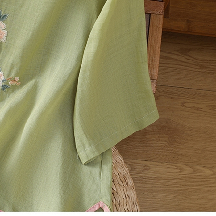 91家纺网 家纺一手货源 找家纺 洛兰沙家居馆【只代发】【只代发】 2025夏季新款棉麻文艺复古衬衫新中式牡丹花刺绣国风茶服立领上衣 绿色