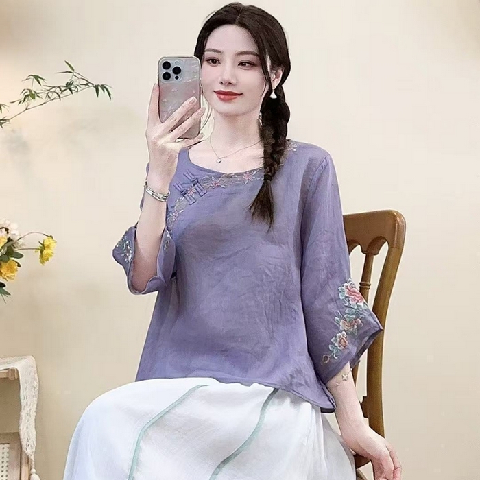 91家纺网 家纺一手货源 找家纺 （总）洛兰沙家居馆【只代发】【只代发】 2025新款国风夏季棉麻斜襟绣花上衣盘扣文艺中国民族刺绣复古茶服衬衫