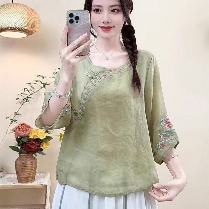 91家纺网 家纺一手货源 找家纺 （总）洛兰沙家居馆【只代发】【只代发】 2025新款国风夏季棉麻斜襟绣花上衣盘扣文艺中国民族刺绣复古茶服衬衫