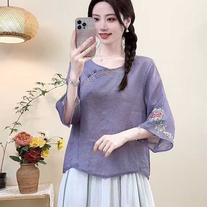 洛兰沙家居馆【只代发】【只代发】 2025新款国风夏季棉麻斜襟绣花上衣盘扣文艺中国民族刺绣复古茶服衬衫 紫色