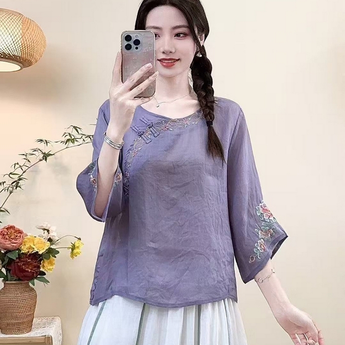 91家纺网 家纺一手货源 找家纺 洛兰沙家居馆【只代发】【只代发】 2025新款国风夏季棉麻斜襟绣花上衣盘扣文艺中国民族刺绣复古茶服衬衫 紫色