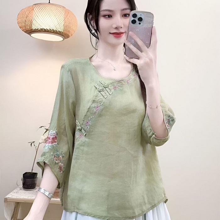 91家纺网 家纺一手货源 找家纺 洛兰沙家居馆【只代发】【只代发】 2025新款国风夏季棉麻斜襟绣花上衣盘扣文艺中国民族刺绣复古茶服衬衫 绿色