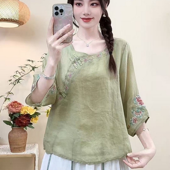 91家纺网 家纺一手货源 找家纺 洛兰沙家居馆【只代发】【只代发】 2025新款国风夏季棉麻斜襟绣花上衣盘扣文艺中国民族刺绣复古茶服衬衫 绿色