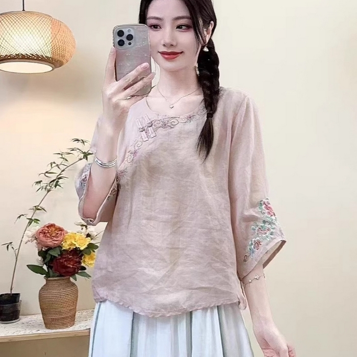 洛兰沙家居馆【只代发】【只代发】 2025新款国风夏季棉麻斜襟绣花上衣盘扣文艺中国民族刺绣复古茶服衬衫 粉色