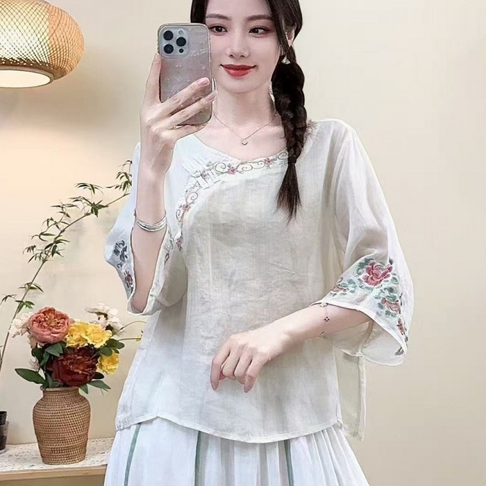 洛兰沙家居馆【只代发】【只代发】 2025新款国风夏季棉麻斜襟绣花上衣盘扣文艺中国民族刺绣复古茶服衬衫 白色