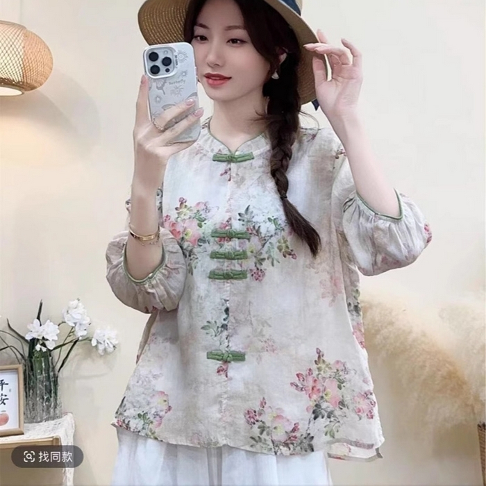 （总）洛兰沙家居馆【只代发】【只代发】 2025夏季新款印花复古文艺民族风翻领衬衫斜襟中式盘扣女装棉麻茶服上衣女