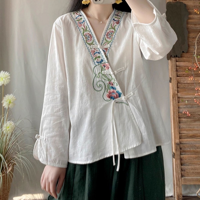 91家纺网 家纺一手货源 找家纺 （总）洛兰沙家居馆【只代发】【只代发】 2025夏季新款复古文艺民族风复古衬衫斜襟中式盘扣女装棉麻茶服上衣女