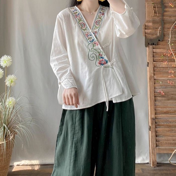 91家纺网 家纺一手货源 找家纺 （总）洛兰沙家居馆【只代发】【只代发】 2025夏季新款复古文艺民族风复古衬衫斜襟中式盘扣女装棉麻茶服上衣女