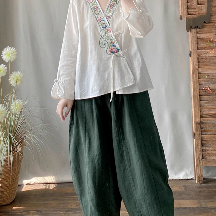 91家纺网 家纺一手货源 找家纺 （总）洛兰沙家居馆【只代发】【只代发】 2025夏季新款复古文艺民族风复古衬衫斜襟中式盘扣女装棉麻茶服上衣女