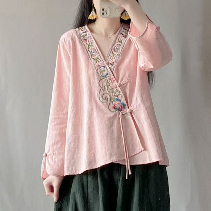 91家纺网 家纺一手货源 找家纺 （总）洛兰沙家居馆【只代发】【只代发】 2025夏季新款复古文艺民族风复古衬衫斜襟中式盘扣女装棉麻茶服上衣女