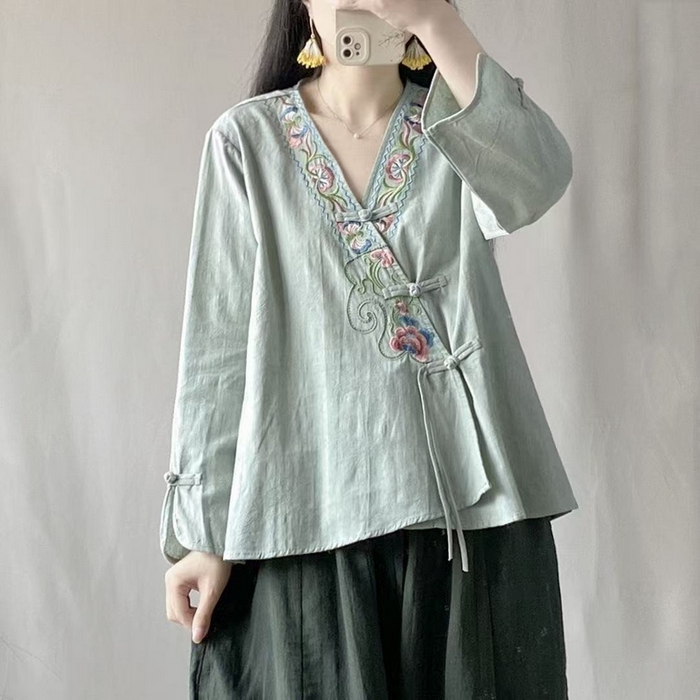 91家纺网 家纺一手货源 找家纺 （总）洛兰沙家居馆【只代发】【只代发】 2025夏季新款复古文艺民族风复古衬衫斜襟中式盘扣女装棉麻茶服上衣女