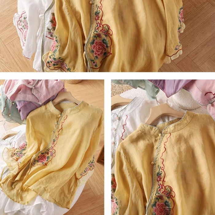 91家纺网 家纺一手货源 找家纺 （总）洛兰沙家居馆【只代发】【只代发】 2025夏季新款复古文艺民族风翻领衬衫斜襟中式盘扣女装棉麻茶服上衣女