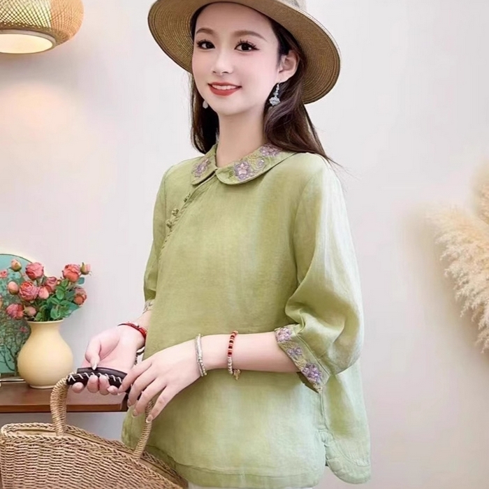 91家纺网 家纺一手货源 找家纺 （总）洛兰沙家居馆【只代发】【只代发】 2025夏季新款复古文艺民族风翻领衬衫斜襟中式盘扣女装棉麻茶服上衣女