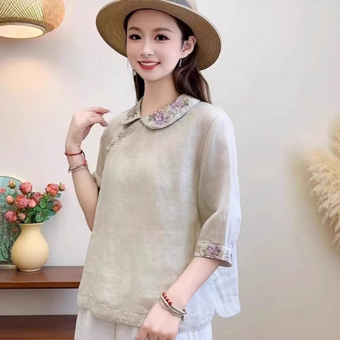 91家纺网 家纺一手货源 找家纺 （总）洛兰沙家居馆【只代发】【只代发】 2025夏季新款复古文艺民族风翻领衬衫斜襟中式盘扣女装棉麻茶服上衣女