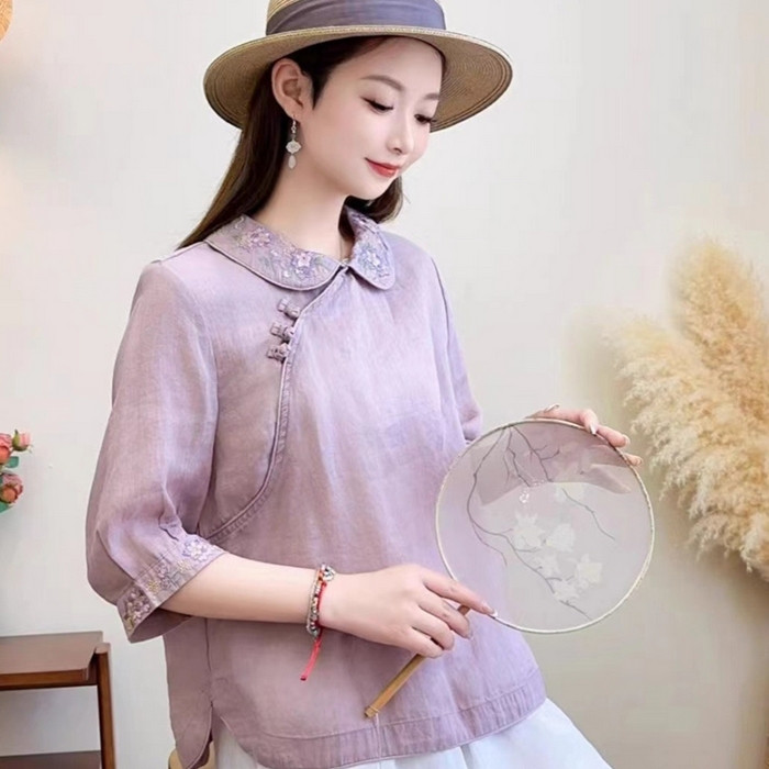 91家纺网 家纺一手货源 找家纺 （总）洛兰沙家居馆【只代发】【只代发】 2025夏季新款复古文艺民族风翻领衬衫斜襟中式盘扣女装棉麻茶服上衣女