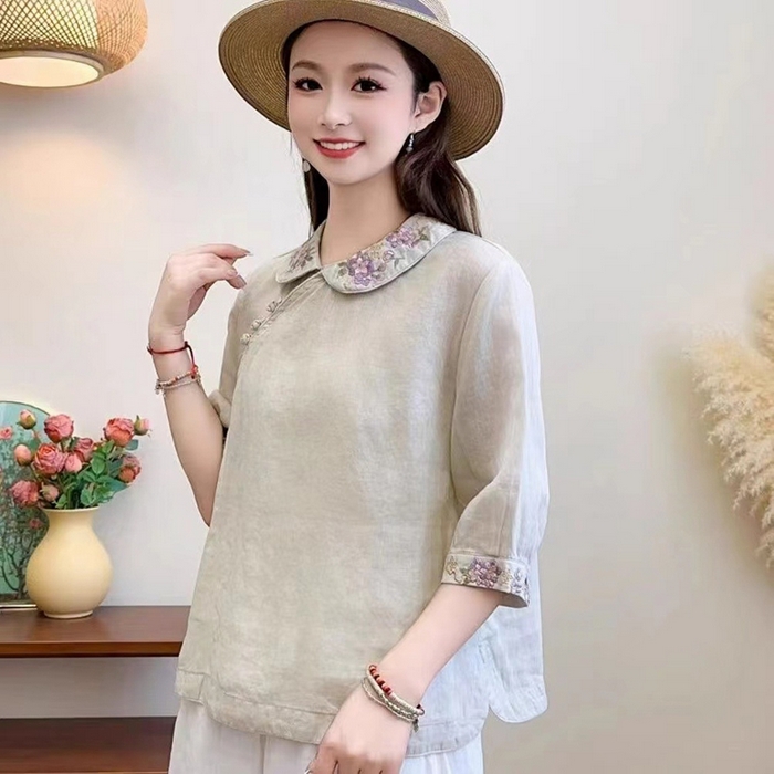 91家纺网 家纺一手货源 找家纺 洛兰沙家居馆【只代发】【只代发】 2025夏季新款复古文艺民族风翻领衬衫斜襟中式盘扣女装棉麻茶服上衣女 灰色