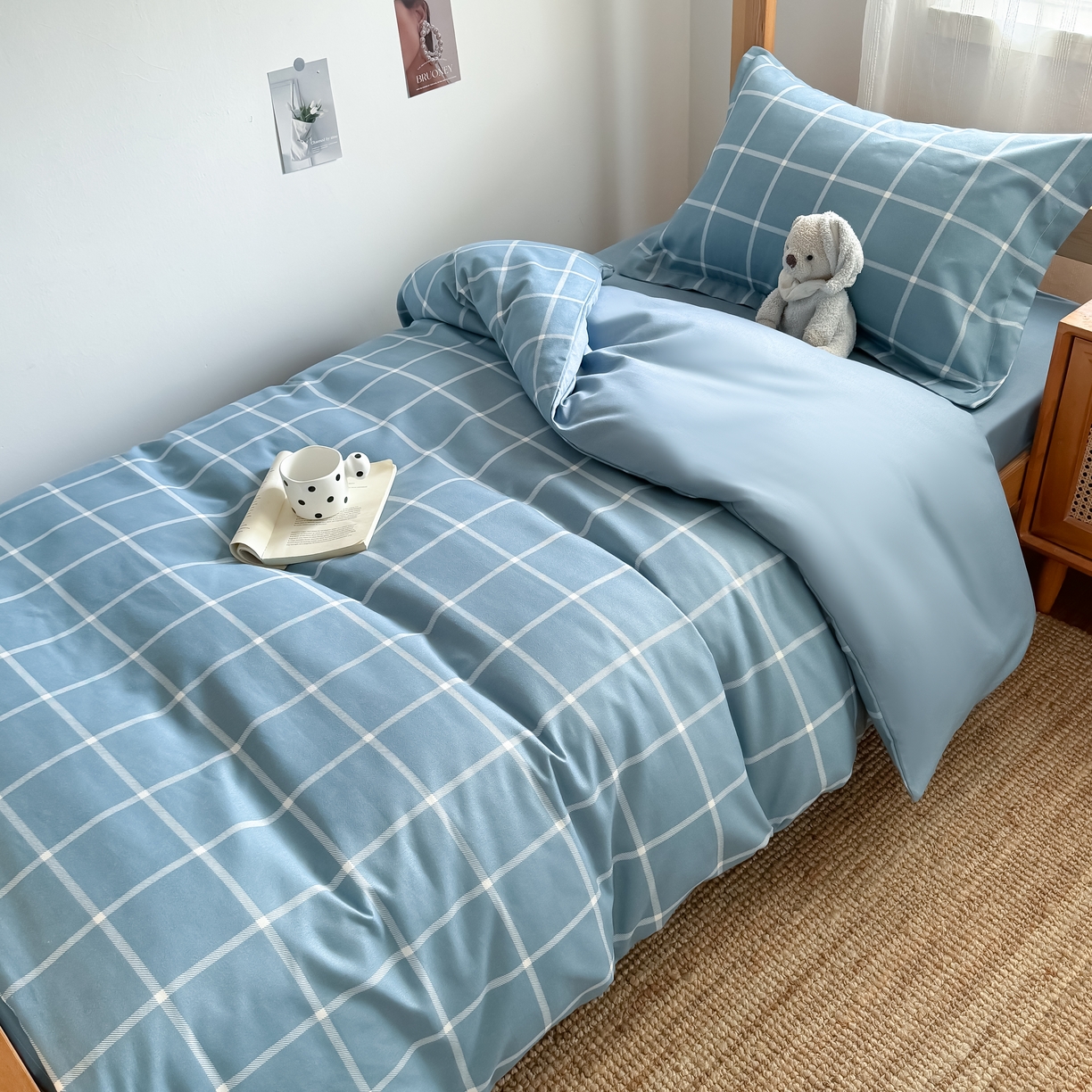 91家纺网 家纺一手货源 找家纺 卡罗兰 2025新款学生季水洗棉磨毛三件套 海蓝大格