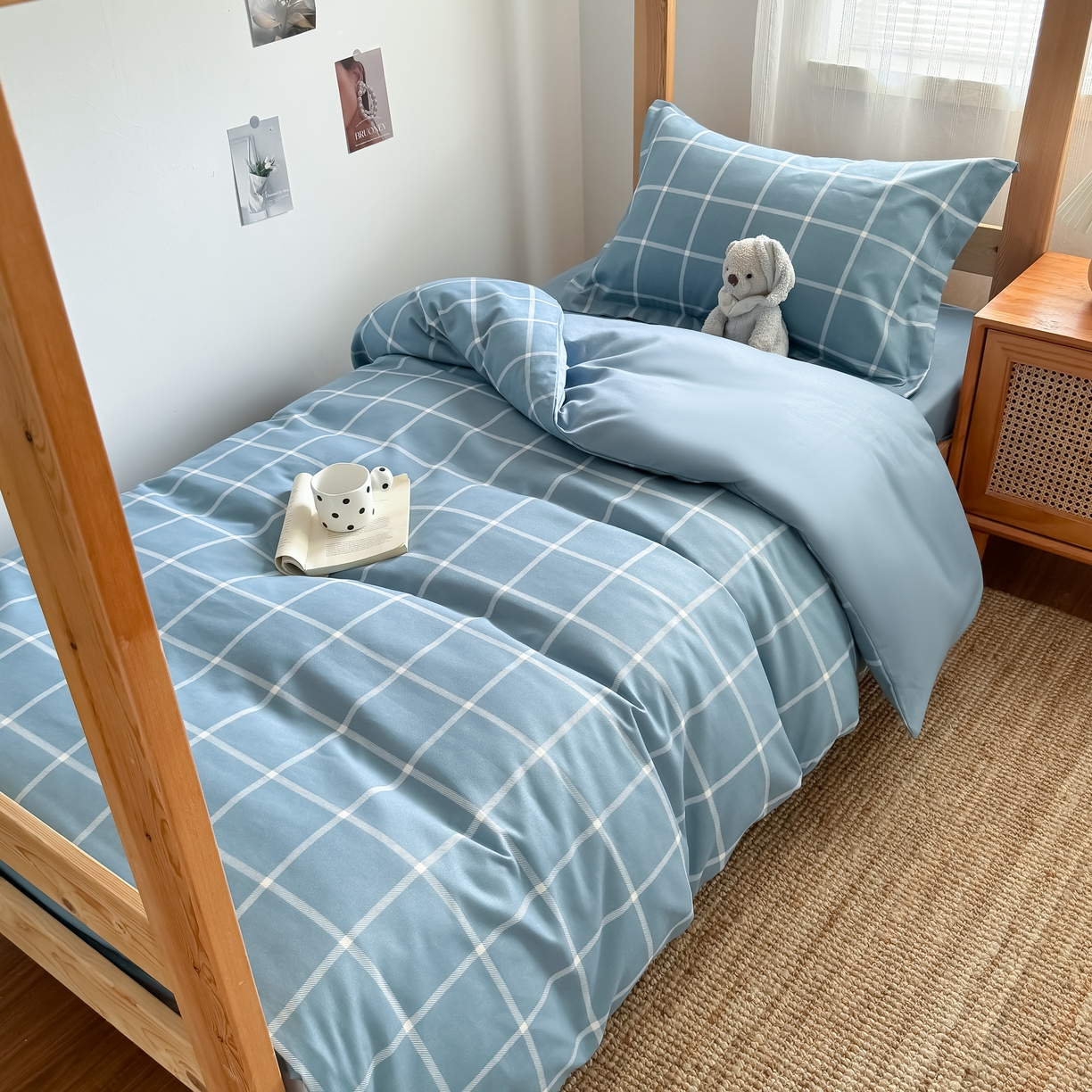 91家纺网 家纺一手货源 找家纺 卡罗兰 2025新款学生季水洗棉磨毛三件套 海蓝大格