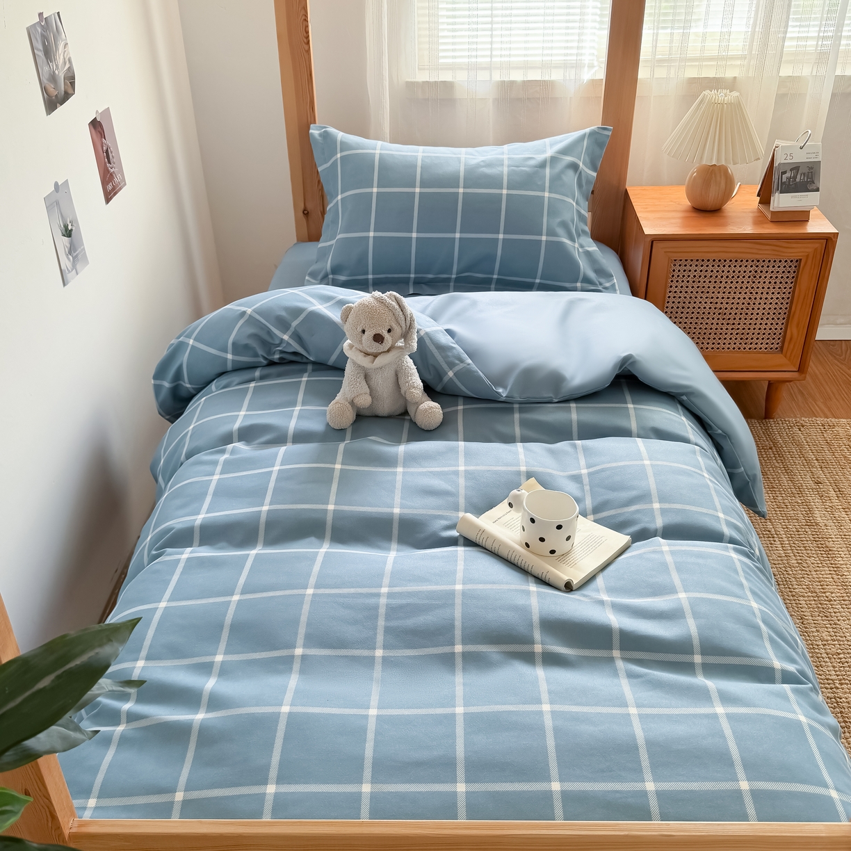 91家纺网 家纺一手货源 找家纺 卡罗兰 2025新款学生季水洗棉磨毛三件套 海蓝大格