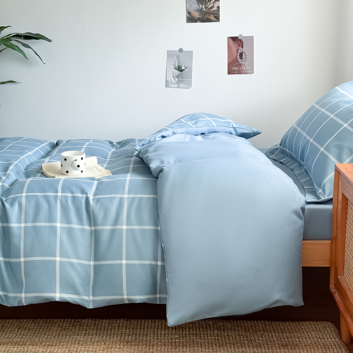 91家纺网 家纺一手货源 找家纺 卡罗兰 2025新款学生季水洗棉磨毛三件套 海蓝大格