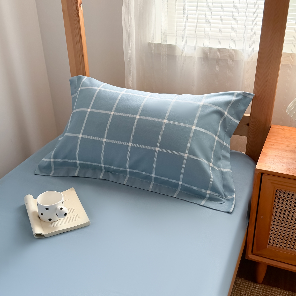 91家纺网 家纺一手货源 找家纺 卡罗兰 2025新款学生季水洗棉磨毛三件套 海蓝大格