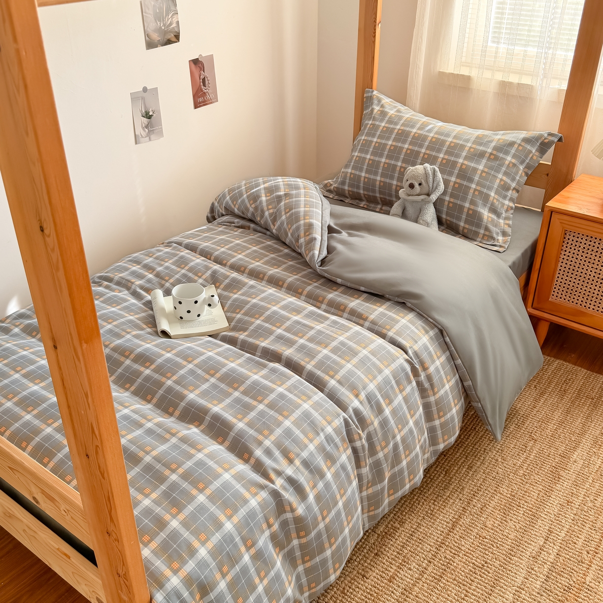 91家纺网 家纺一手货源 找家纺 卡罗兰 2025新款学生季水洗棉磨毛三件套 格调-灰