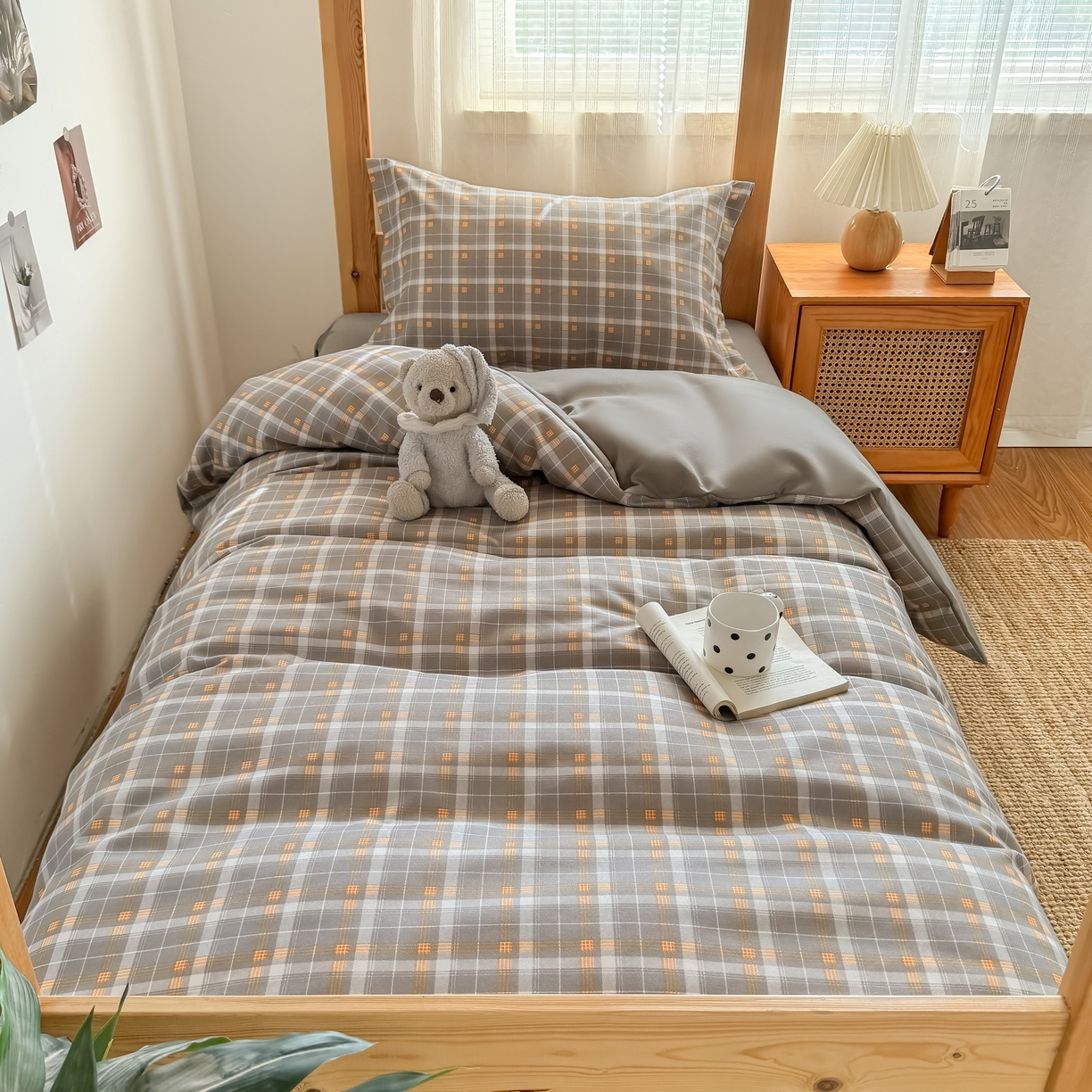 91家纺网 家纺一手货源 找家纺 卡罗兰 2025新款学生季水洗棉磨毛三件套 格调-灰