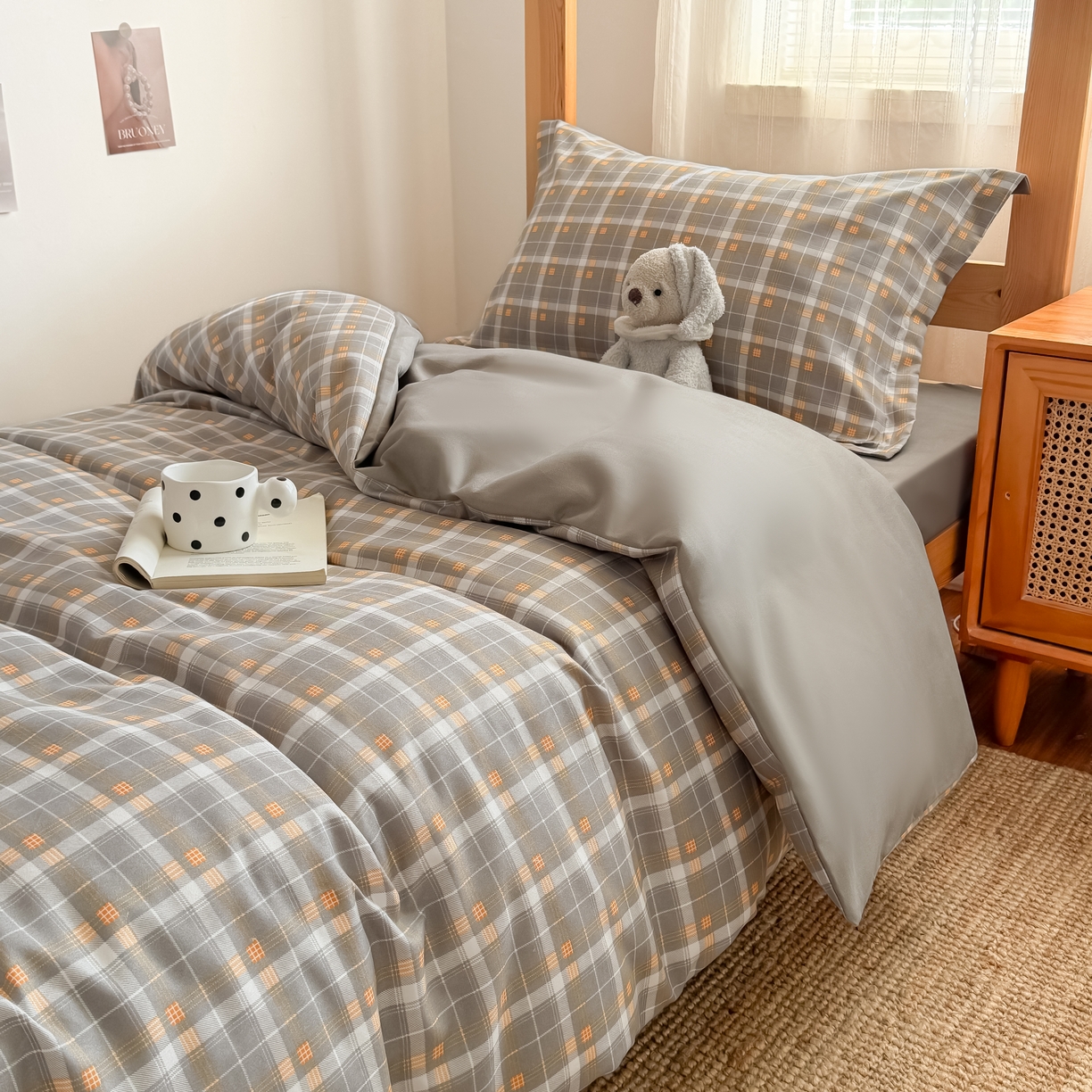 91家纺网 家纺一手货源 找家纺 卡罗兰 2025新款学生季水洗棉磨毛三件套 格调-灰