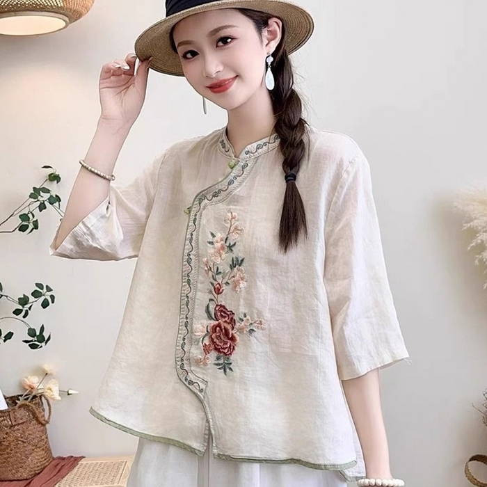 91家纺网 家纺一手货源 找家纺 （总）洛兰沙家居馆【只代发】【只代发】 2025夏季新款复古文艺民族风翻领衬衫斜襟中式盘扣女装棉麻茶服上衣女