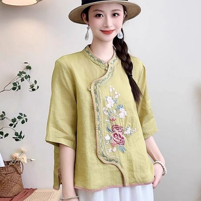 91家纺网 家纺一手货源 找家纺 （总）洛兰沙家居馆【只代发】【只代发】 2025夏季新款复古文艺民族风翻领衬衫斜襟中式盘扣女装棉麻茶服上衣女