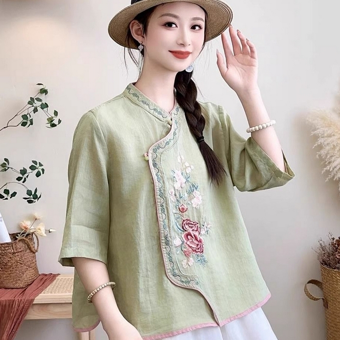 91家纺网 家纺一手货源 找家纺 （总）洛兰沙家居馆【只代发】【只代发】 2025夏季新款复古文艺民族风翻领衬衫斜襟中式盘扣女装棉麻茶服上衣女