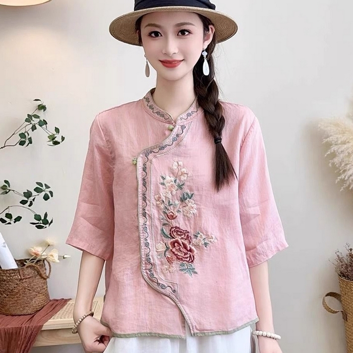 91家纺网 家纺一手货源 找家纺 （总）洛兰沙家居馆【只代发】【只代发】 2025夏季新款复古文艺民族风翻领衬衫斜襟中式盘扣女装棉麻茶服上衣女